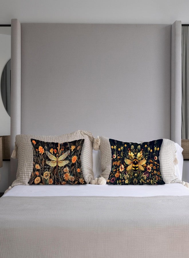 Exqcom Moody Vintage Dragonfly Bee Floral Pillow Covers 12x20 Set of 2, Dark Cottagecore Botanical Wildflower Dragonfly Bumblebee Decorative Lumbar Pillow Covers for Home Bedroom Living Room - Image 4