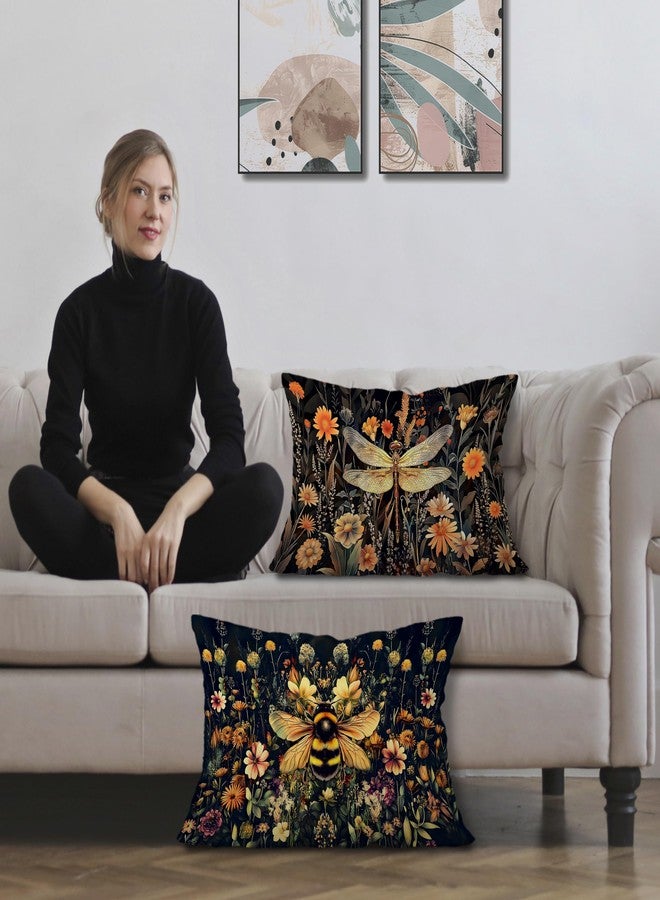 Exqcom Moody Vintage Dragonfly Bee Floral Pillow Covers 12x20 Set of 2, Dark Cottagecore Botanical Wildflower Dragonfly Bumblebee Decorative Lumbar Pillow Covers for Home Bedroom Living Room - Image 2