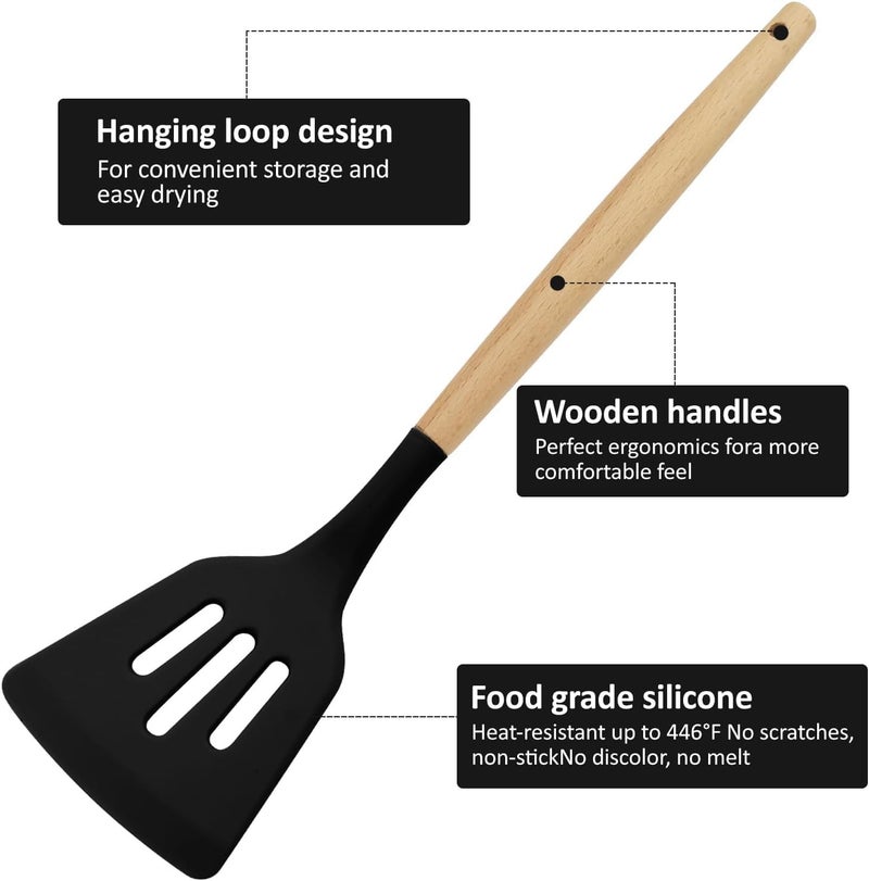 Beram Black Slotted Turner with Wooden Handles, 12” Long Handle High Grip Spatula, Kitchen Utensil Ideal for Frying Steak, Fish, Pancakes, Pie, Omelette and More - Image 4