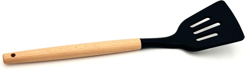 Beram Black Slotted Turner with Wooden Handles, 12” Long Handle High Grip Spatula, Kitchen Utensil Ideal for Frying Steak, Fish, Pancakes, Pie, Omelette and More - Image 1