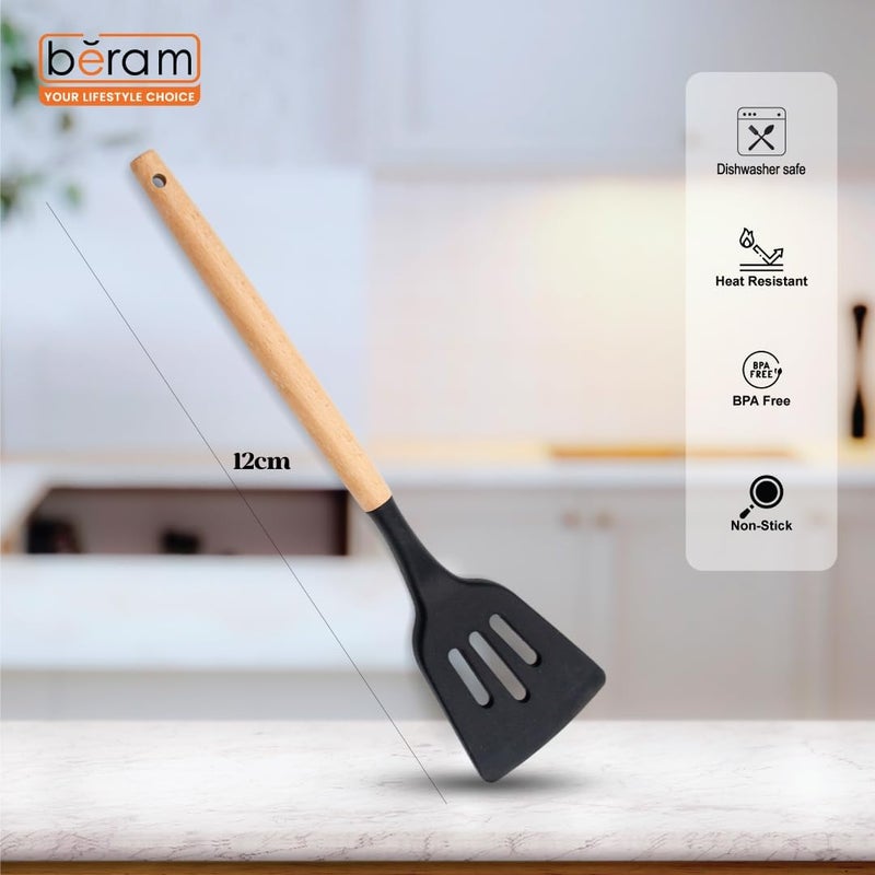Beram Black Slotted Turner with Wooden Handles, 12” Long Handle High Grip Spatula, Kitchen Utensil Ideal for Frying Steak, Fish, Pancakes, Pie, Omelette and More - Image 5