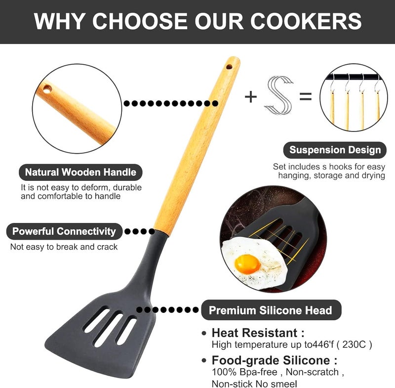 Beram Black Slotted Turner with Wooden Handles, 12” Long Handle High Grip Spatula, Kitchen Utensil Ideal for Frying Steak, Fish, Pancakes, Pie, Omelette and More - Image 3