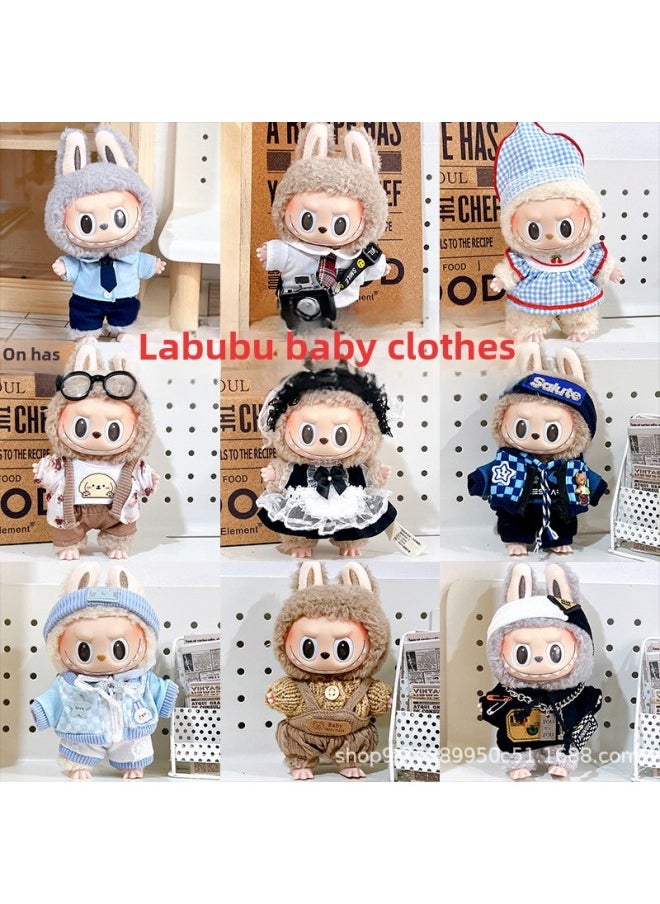 null - Labubu Labubu Doll Plush Doll Vinyl Doll 17cm Costume Suit For Clothes Accessories-Specification:17cm Labubu Can Be Worn -Colour:Cookie Bear Overalls - Image 1