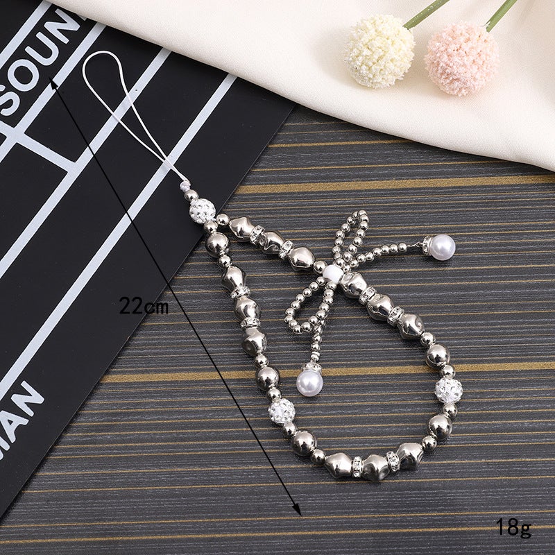 Creative Pearl Bow Phone Chain Beaded Lanyard K3048 special-shaped beaded mobile phone chain silver bow
