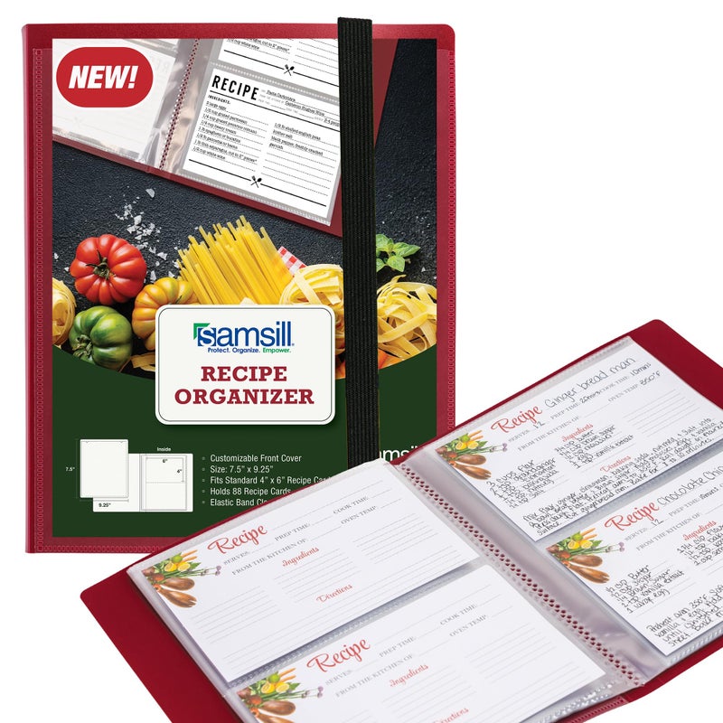 Samsill Plastic Recipe Holder, Recipe Book with Plastic Sleeves, Holds up to 88 Recipe Cards, 4x6 Index Cards, Customizable Cover - Image 1