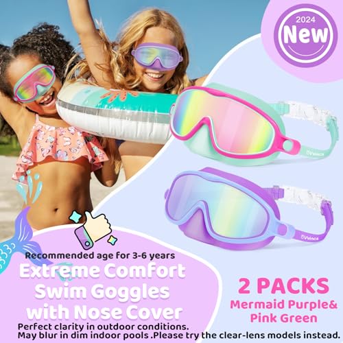 Vvinca 2 Pcs Kids-Swim-Goggles with Nose Cover, Swimming Diving Mask Wide View Anti Fog UV Anti Shattered Lens for Kids 3-5 - Image 3