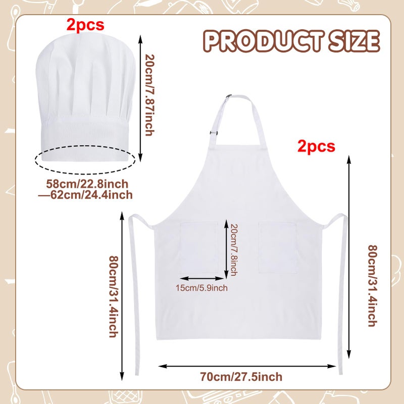XLSXEXCL 2 Pack Chef Apron and Hat, Adjustable High Cooking Apron Waterproof Kitchen Baking Apron with Two Pockets and Elastic Chef's Hat Set for Women Men Father's Mother's Christmas Gift(White) - Image 2