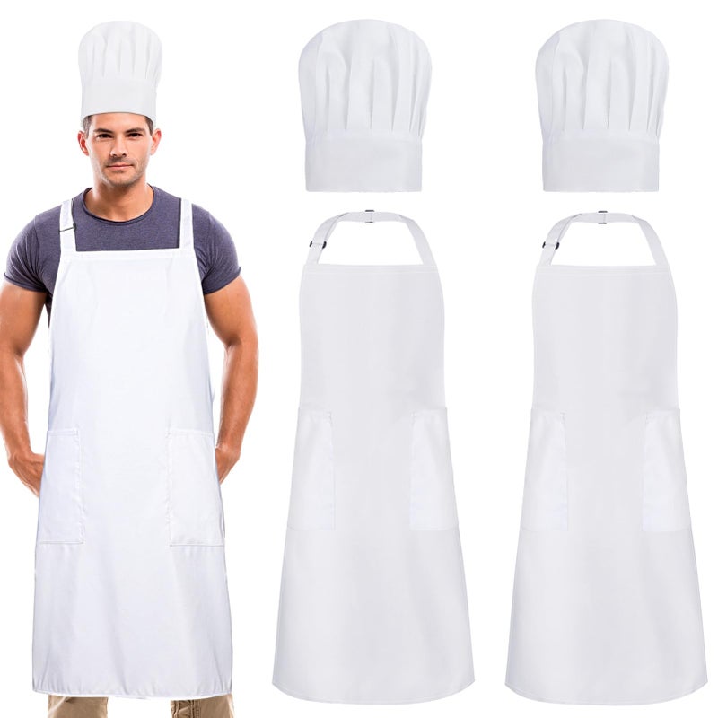 XLSXEXCL 2 Pack Chef Apron and Hat, Adjustable High Cooking Apron Waterproof Kitchen Baking Apron with Two Pockets and Elastic Chef's Hat Set for Women Men Father's Mother's Christmas Gift(White) - Image 1