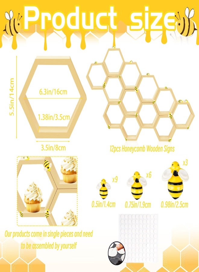 Denylo pro 12 Pcs 5.5 Inch Honeycomb Cupcake Stand Cake Farmhouse Hexagon Display Holder Hexagonal Wood Cupcake Stand Floating Table Sign with Wooden Bee for Baby Shower Birthday Party Table Decorations - Image 2