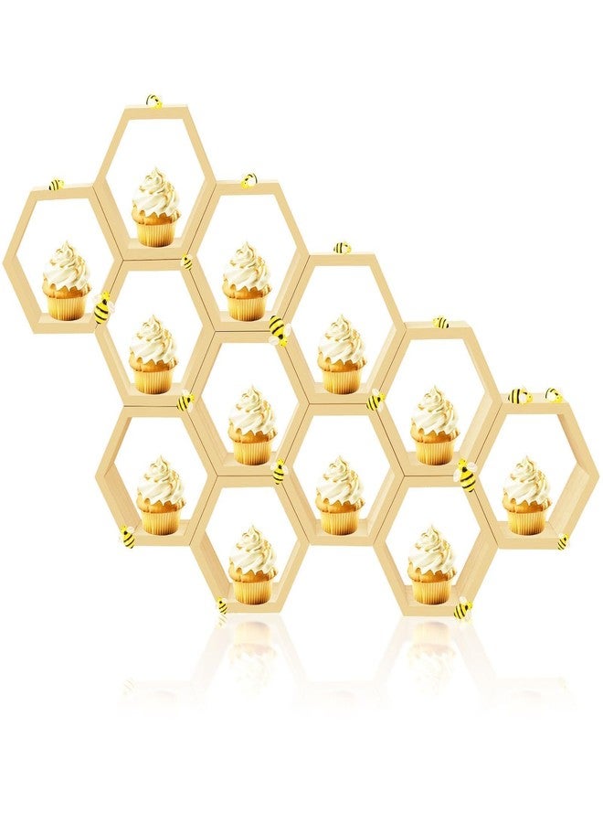 Denylo pro 12 Pcs 5.5 Inch Honeycomb Cupcake Stand Cake Farmhouse Hexagon Display Holder Hexagonal Wood Cupcake Stand Floating Table Sign with Wooden Bee for Baby Shower Birthday Party Table Decorations - Image 1