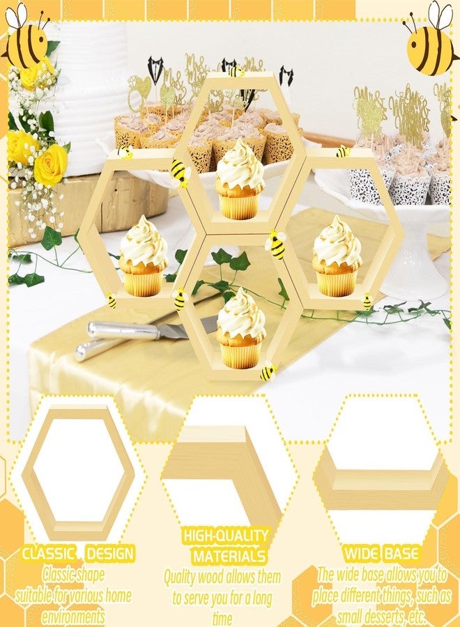 Denylo pro 12 Pcs 5.5 Inch Honeycomb Cupcake Stand Cake Farmhouse Hexagon Display Holder Hexagonal Wood Cupcake Stand Floating Table Sign with Wooden Bee for Baby Shower Birthday Party Table Decorations - Image 3