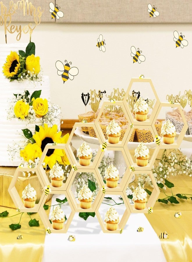 Denylo pro 12 Pcs 5.5 Inch Honeycomb Cupcake Stand Cake Farmhouse Hexagon Display Holder Hexagonal Wood Cupcake Stand Floating Table Sign with Wooden Bee for Baby Shower Birthday Party Table Decorations - Image 4