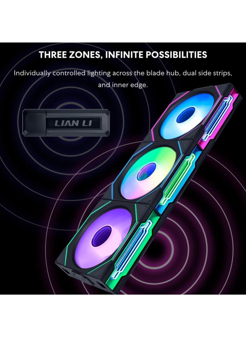 LIAN LI UNI FAN SL-INF WIRELESS 120 Reversed  Black 3 Pack Case Fan, 120×122.1x25mm, 0, 200~2200 RPM Fan Speed, 2.2 mmH2O Air Pressure, 69.7 CFM Air Flow, FDB Bearing, Cableless RGB | 12RSLIN1W3B  - Image 3