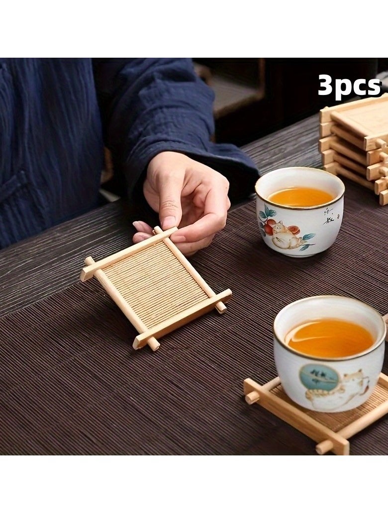 Generic - 3 Pack Tea Coasters Natural Bamboo Coasters Tea Coasters Mini 3 Inch Square Tabletop Insulated Tray for Tea Service Decoration Party Coasters - Image 1
