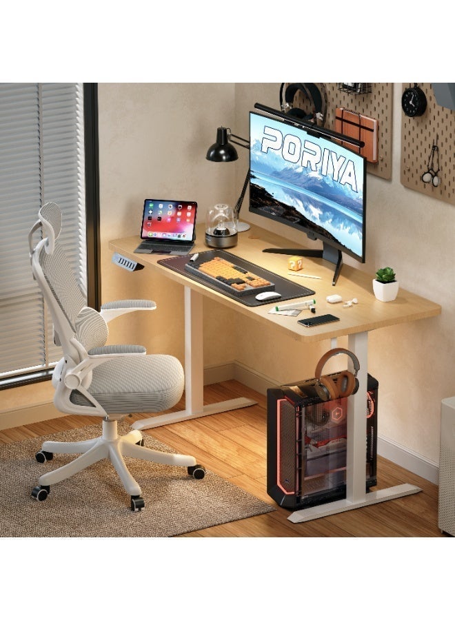 PORIYA Electric Standing Desk - Motorized Height Adjustable Sit Stand Table with Touch Control Panel, Cable Management, and Headphone Hook - Ideal for Home Office (White Frame&120cm Log Top) - Image 1