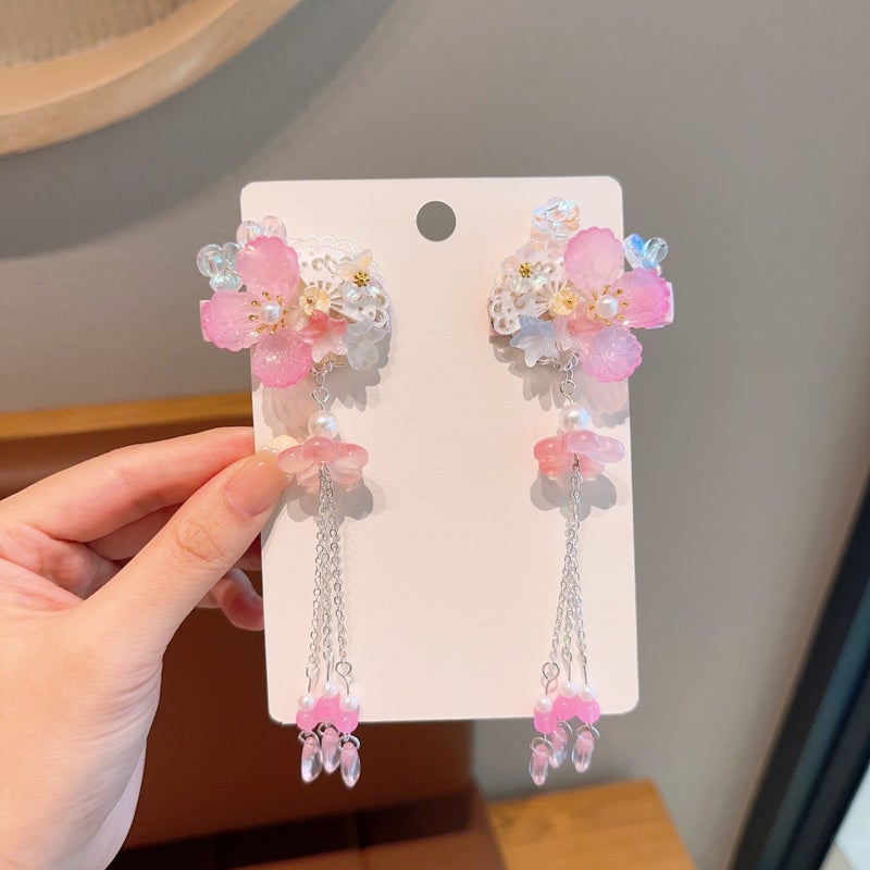 Generic New Antique Childrens Hairpin Hanfu Ancient Clothes Hair Accessories Cute Girls Tassel Flower Hairpin Little Girls Super Fairy Clip 012# pink fan tassel pair clip