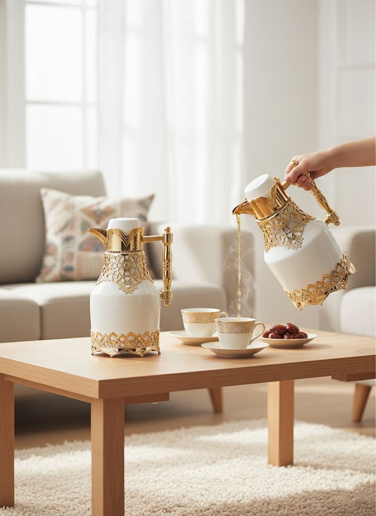 GAZELLA 2-Piece Tea/Coffee Flask Set  0.6L & 1.0L White/Gold - Image 2