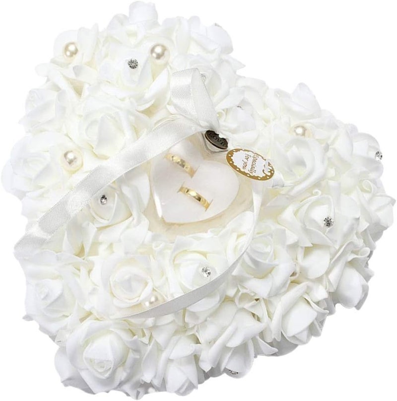 klarako Wedding Ring Pillow, Red Rose Heart Shaped Ring Box Ring Box Pillow Cushion Romantic Wedding Favors Jewelry Case Ring (White) - Image 1