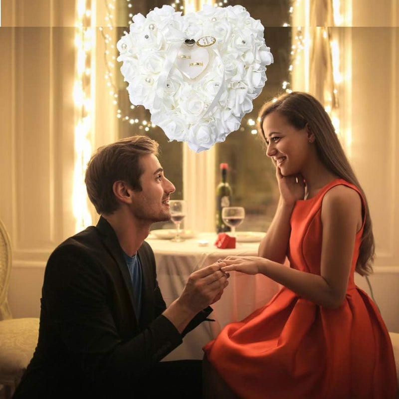 klarako Wedding Ring Pillow, Red Rose Heart Shaped Ring Box Ring Box Pillow Cushion Romantic Wedding Favors Jewelry Case Ring (White) - Image 3