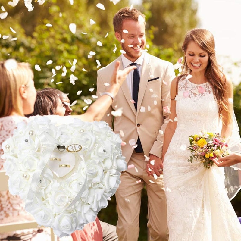 klarako Wedding Ring Pillow, Red Rose Heart Shaped Ring Box Ring Box Pillow Cushion Romantic Wedding Favors Jewelry Case Ring (White) - Image 2