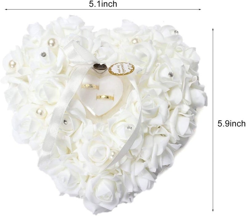 klarako Wedding Ring Pillow, Red Rose Heart Shaped Ring Box Ring Box Pillow Cushion Romantic Wedding Favors Jewelry Case Ring (White) - Image 4