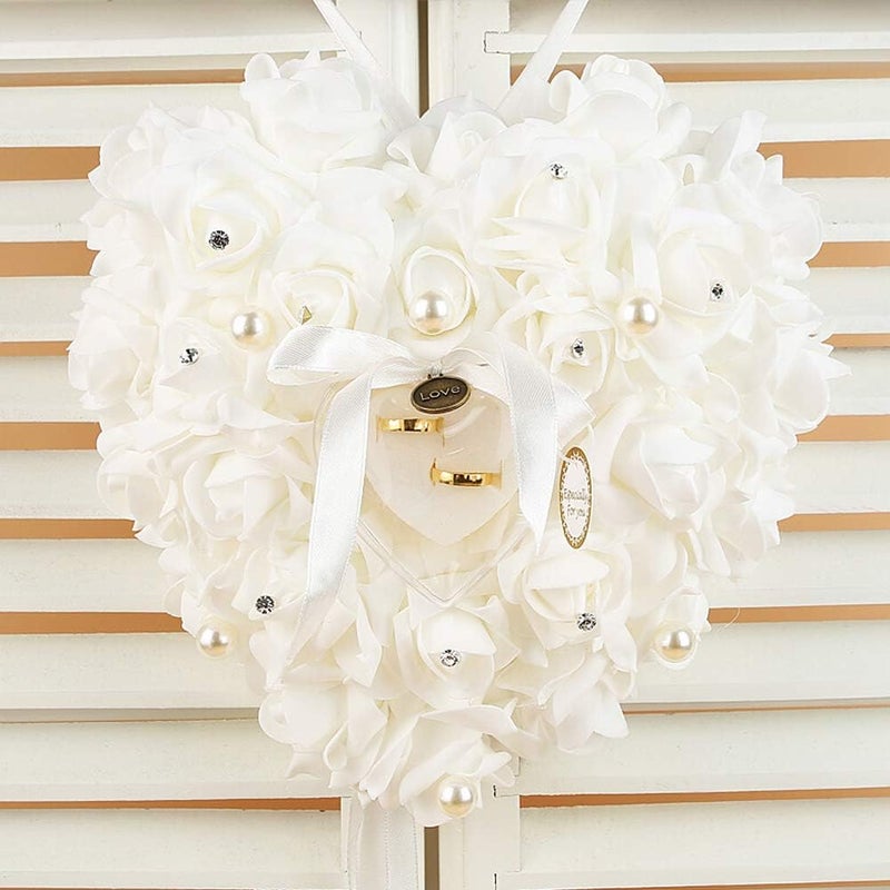 klarako Wedding Ring Pillow, Red Rose Heart Shaped Ring Box Ring Box Pillow Cushion Romantic Wedding Favors Jewelry Case Ring (White) - Image 5