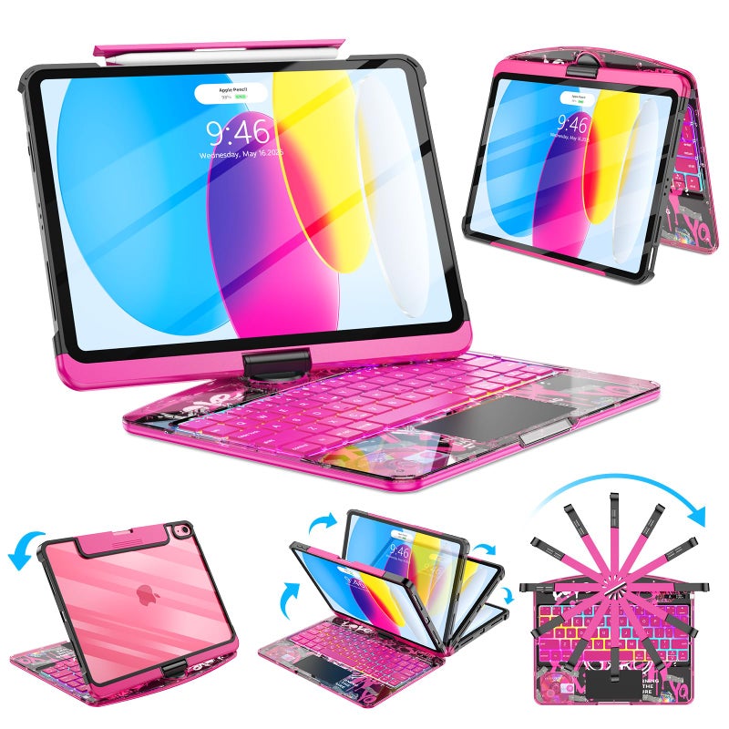 SIBEITU غطاء لوحة مفاتيح SIBEITU لجهاز iPad A16 الجيل 11 11" 2025 و الجيل 10 10.9" 2022، غطاء واقي للوحة مفاتيح لاسلكية شفافة مع لوحة تتبع متعددة اللمس، إضاءة خلفية بسبعة ألوان و 3 درجات سطوع، قابل للدوران 360 درجة، وردي - Image 1