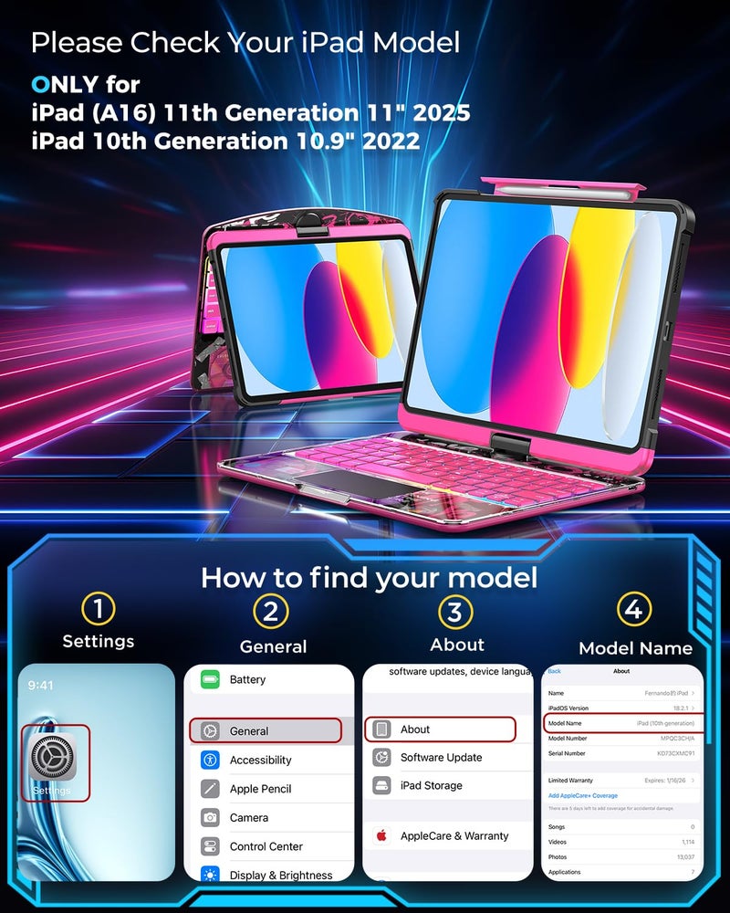 SIBEITU غطاء لوحة مفاتيح SIBEITU لجهاز iPad A16 الجيل 11 11" 2025 و الجيل 10 10.9" 2022، غطاء واقي للوحة مفاتيح لاسلكية شفافة مع لوحة تتبع متعددة اللمس، إضاءة خلفية بسبعة ألوان و 3 درجات سطوع، قابل للدوران 360 درجة، وردي - Image 2