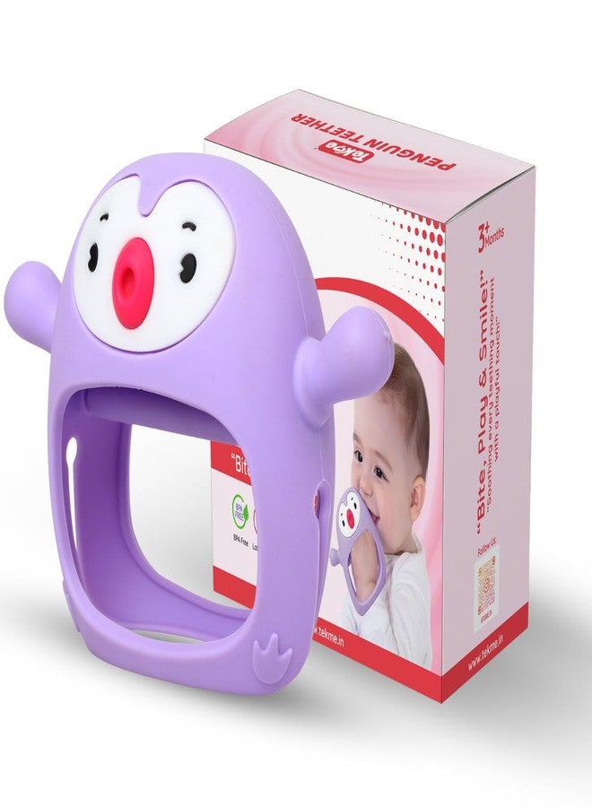 tekme Penguin Teethers for 6 to 12 Months, Never Drop Silicone Chewing Teething Toys for Babies, Baby Chewing Toys for Teething Gums (Purple) - Image 1