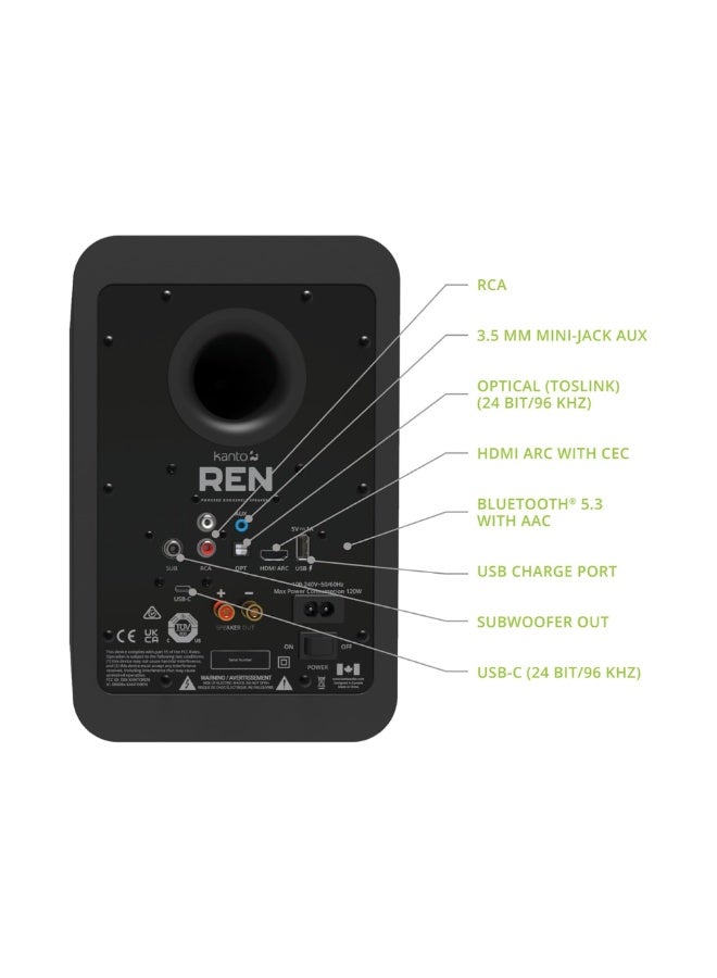 Kanto Audio REN 200W Powered Bookshelf Speakers with HDMI ARC, USB-C, and Bluetooth 5.3-Matte Black, Pair - Image 5