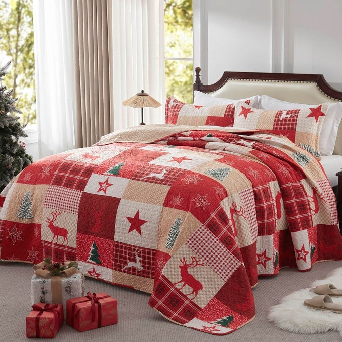 CHRISTMAS QUILT SET 3PIECE KING SIZE BEDSPREAD COVERLET 98X106 LIGHTWEIGHT PATCHWORK OVERSIZED BEDDING SET WITH 2 PILLOW SHAMS FOR ALL SEASONS