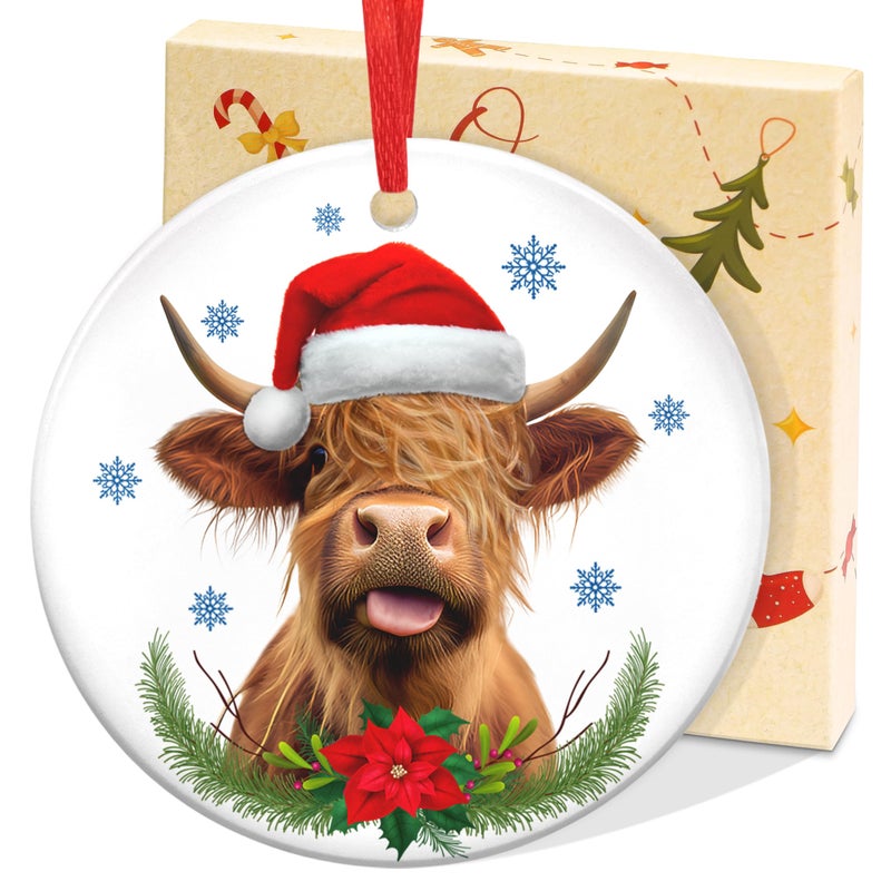 OASSIE Highland Cow Christmas Ornaments Gifts for Women Men Ceramic Ornaments 2025 for Tree Decorations Cow Ornament for Farmhouse Decorations Hanging Ornament for Rustic Tree Farm Animal Gifts