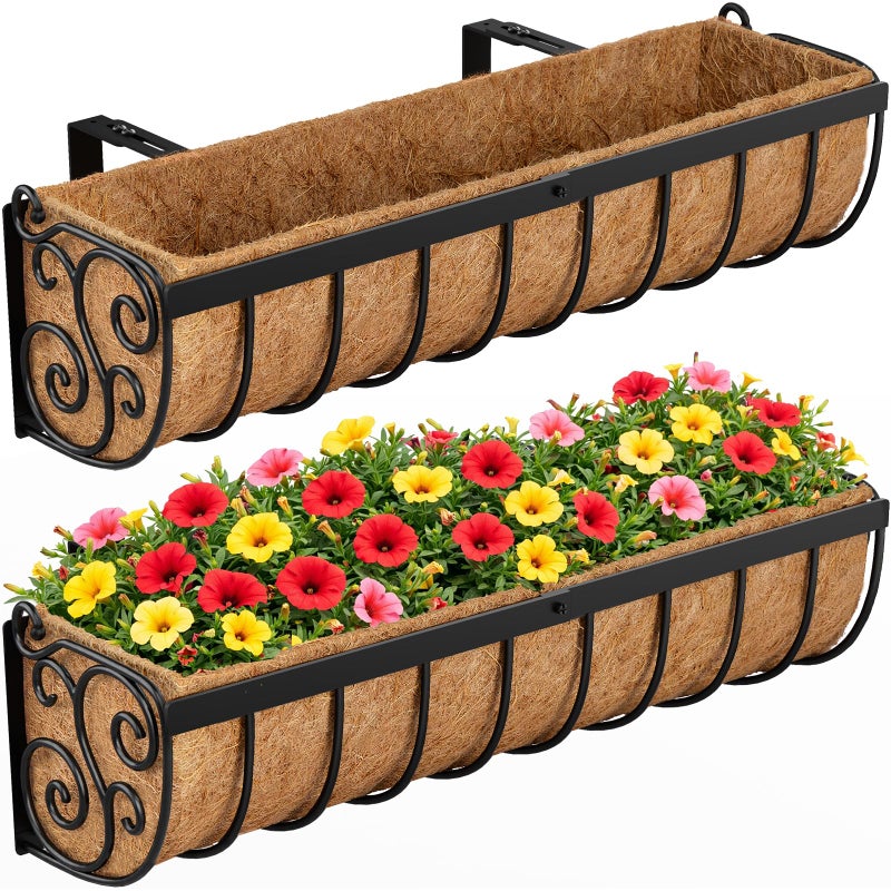 VOXOR Railing Planter Boxes, 24 Inch Window Boxes Planters, Balcony Planters with Adjustable Brackets & Coco Liner & Support Rod for Outdoor Fence, Deck, Porch, and Patio Gardening, 2 Pack - Image 1