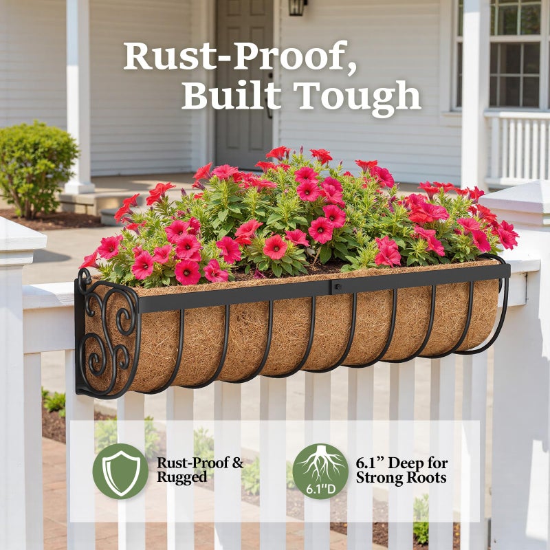 VOXOR Railing Planter Boxes, 24 Inch Window Boxes Planters, Balcony Planters with Adjustable Brackets & Coco Liner & Support Rod for Outdoor Fence, Deck, Porch, and Patio Gardening, 2 Pack - Image 4