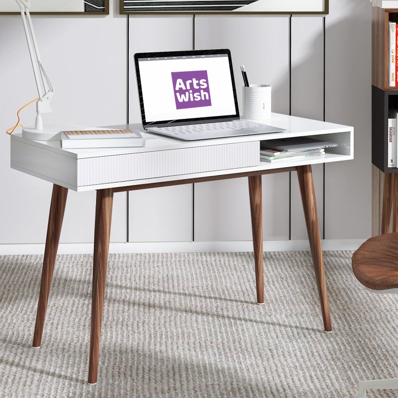 Artswish White Writing Desk with Drawers Mid Century Modern Desk Wood Office Computer Desks for Small Space White Desks with Walnut Legs