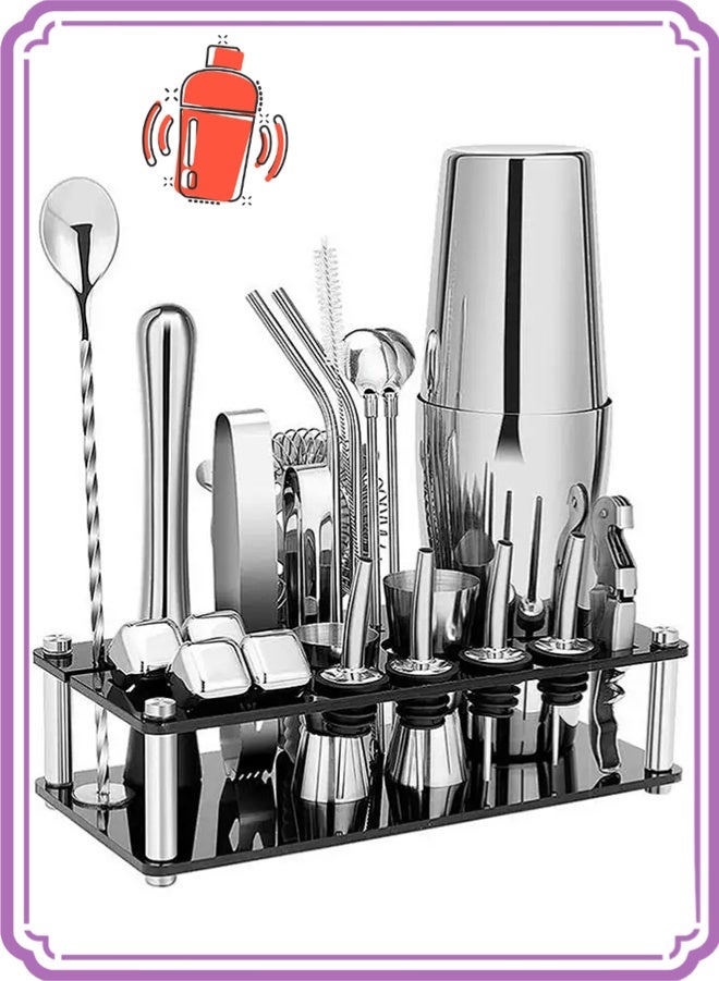 Cocktail Shaker Set, 23-Piece Boston Stainless Steel Bartender Kit with Acrylic Stand & Cocktail Recipes Booklet, Professional Bar Tools for Drink Mixing, Home, Bar, Party (Include 4 Whiskey Stones)