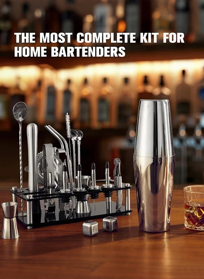 APEX Cocktail Shaker Set, 23-Piece Boston Stainless Steel Bartender Kit with Acrylic Stand & Cocktail Recipes Booklet, Professional Bar Tools for Drink Mixing, Home, Bar, Party (Include 4 Whiskey Stones) - Image 3