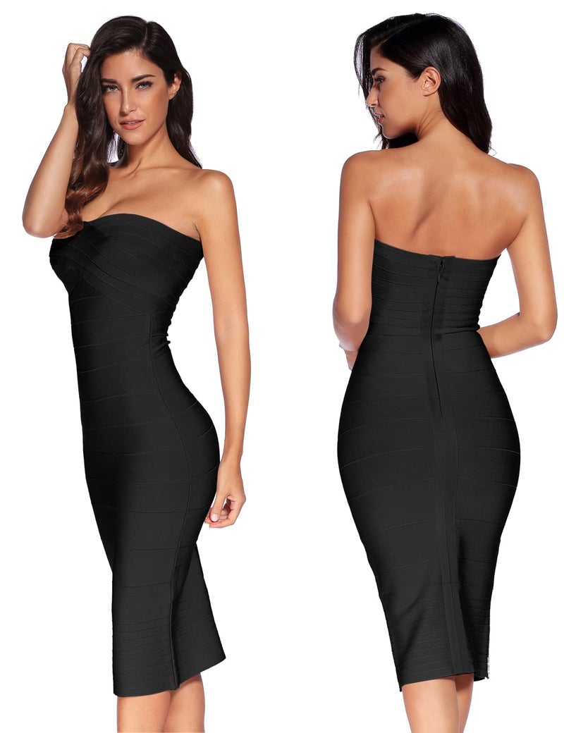 Meilun Women's Midi Cocktail Dresses Strapless Bandage Bodycon Dress Wedding Party Dress(Black,L) - Image 3