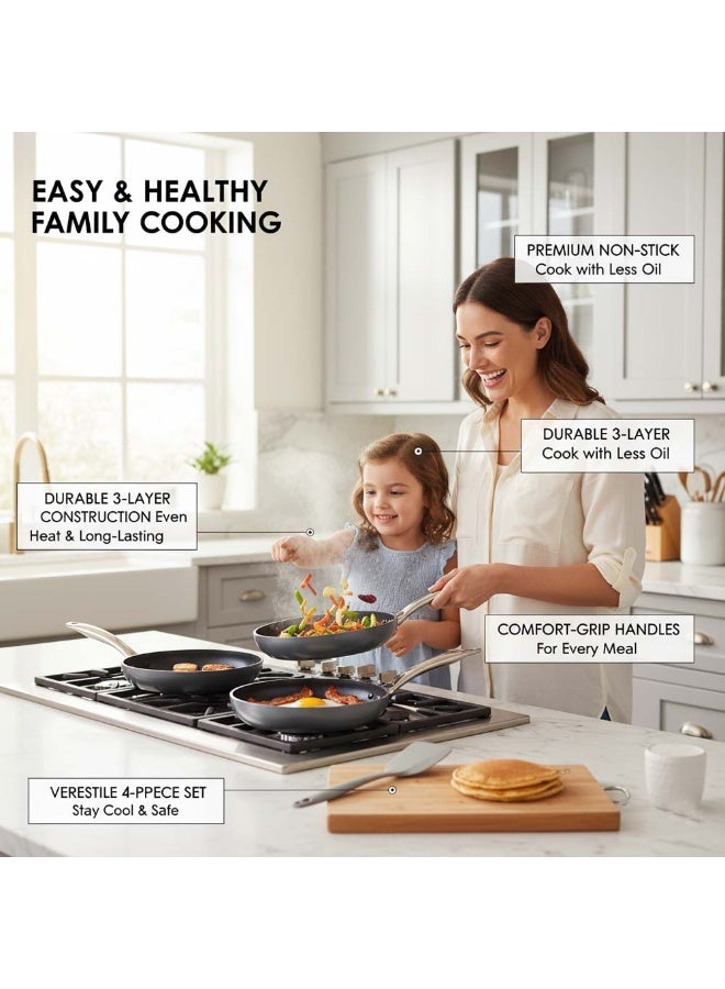 Grandi OE-017 4-Piece Non-Stick Frying Pan Set in Black is a practical and reliable cookware solution designed for everyday kitchen use. This versatile set includes three high-quality aluminum frying pans in 20cm, 24cm, and 26cm sizes, along with a durable nylon spatula for safe and convenient cooking. The premium non-stick coating ensures smooth food release and healthier cooking with minimal oil. Its aluminum body provides fast and even heat distribution for consistent results. Dishwasher-safe for easy cleaning and finished in an elegant black color, the OE-017 frying pan set combines functionality, durability, and modern kitchen style in one complete package. - Image 5