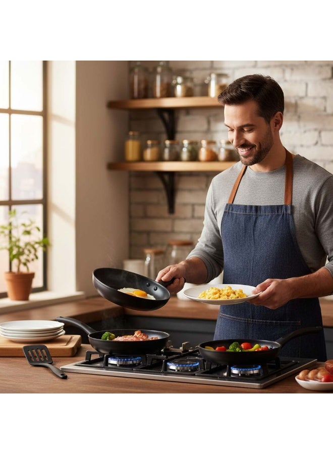 Grandi OE-017 4-Piece Non-Stick Frying Pan Set in Black is a practical and reliable cookware solution designed for everyday kitchen use. This versatile set includes three high-quality aluminum frying pans in 20cm, 24cm, and 26cm sizes, along with a durable nylon spatula for safe and convenient cooking. The premium non-stick coating ensures smooth food release and healthier cooking with minimal oil. Its aluminum body provides fast and even heat distribution for consistent results. Dishwasher-safe for easy cleaning and finished in an elegant black color, the OE-017 frying pan set combines functionality, durability, and modern kitchen style in one complete package. - Image 2