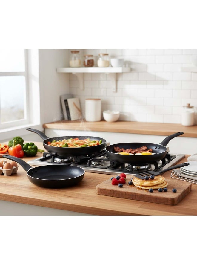 Grandi OE-017 4-Piece Non-Stick Frying Pan Set in Black is a practical and reliable cookware solution designed for everyday kitchen use. This versatile set includes three high-quality aluminum frying pans in 20cm, 24cm, and 26cm sizes, along with a durable nylon spatula for safe and convenient cooking. The premium non-stick coating ensures smooth food release and healthier cooking with minimal oil. Its aluminum body provides fast and even heat distribution for consistent results. Dishwasher-safe for easy cleaning and finished in an elegant black color, the OE-017 frying pan set combines functionality, durability, and modern kitchen style in one complete package. - Image 3