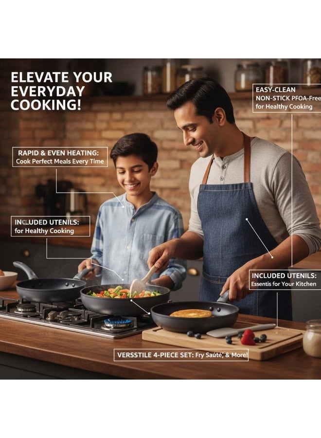 Grandi OE-017 4-Piece Non-Stick Frying Pan Set in Black is a practical and reliable cookware solution designed for everyday kitchen use. This versatile set includes three high-quality aluminum frying pans in 20cm, 24cm, and 26cm sizes, along with a durable nylon spatula for safe and convenient cooking. The premium non-stick coating ensures smooth food release and healthier cooking with minimal oil. Its aluminum body provides fast and even heat distribution for consistent results. Dishwasher-safe for easy cleaning and finished in an elegant black color, the OE-017 frying pan set combines functionality, durability, and modern kitchen style in one complete package. - Image 4