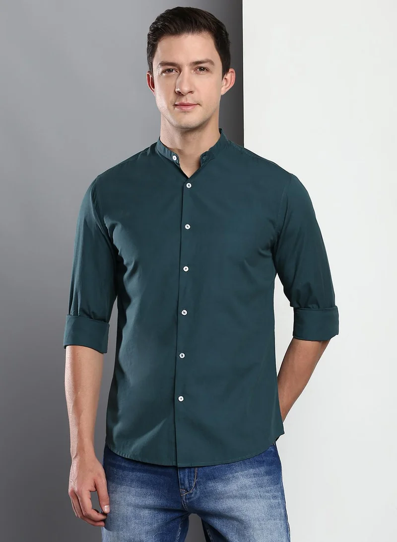 Dennis Lingo Slim Fit Blue Men's Solid Shirt, Spread Collar, Full Sleeves, 100% Cotton