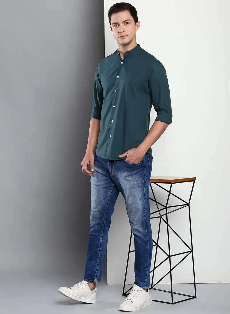Dennis Lingo Slim Fit Blue Men's Solid Shirt, Spread Collar, Full Sleeves, 100% Cotton