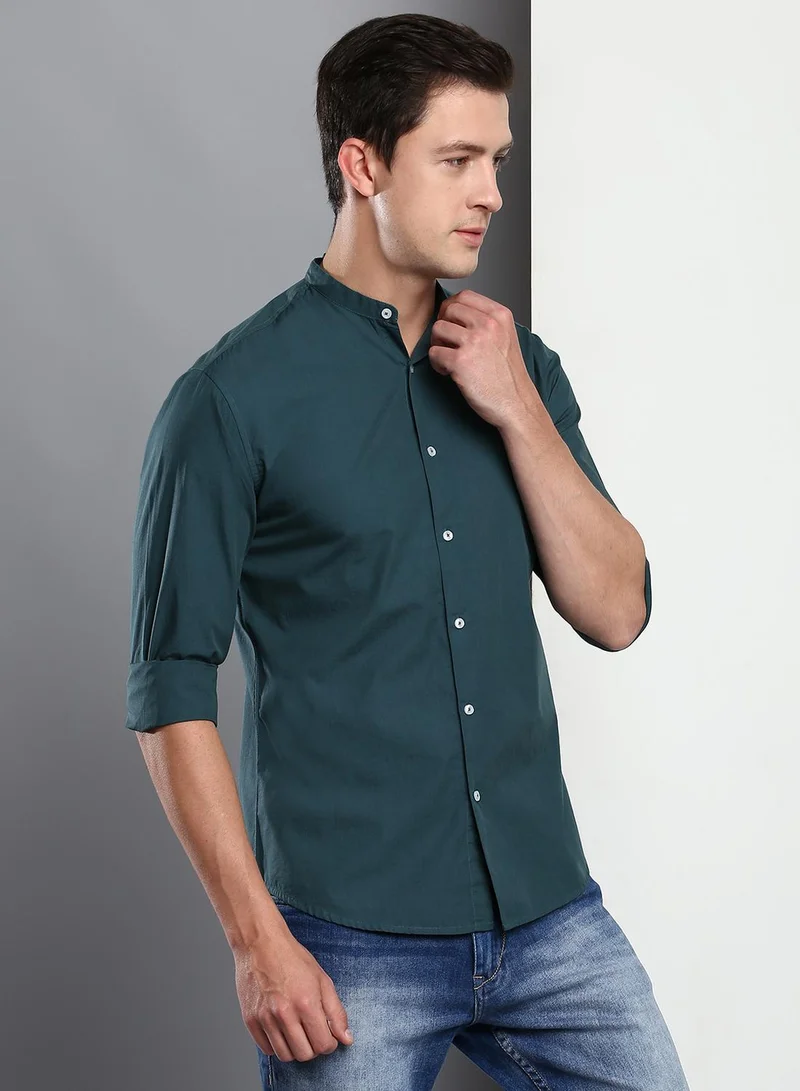 Dennis Lingo Slim Fit Blue Men's Solid Shirt, Spread Collar, Full Sleeves, 100% Cotton