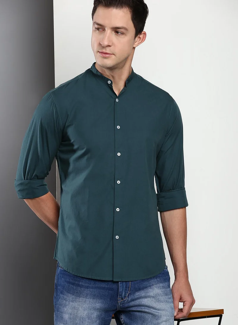 Dennis Lingo Slim Fit Blue Men's Solid Shirt, Spread Collar, Full Sleeves, 100% Cotton