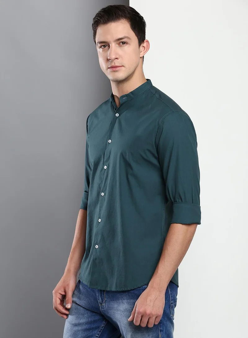 Dennis Lingo Slim Fit Blue Men's Solid Shirt, Spread Collar, Full Sleeves, 100% Cotton