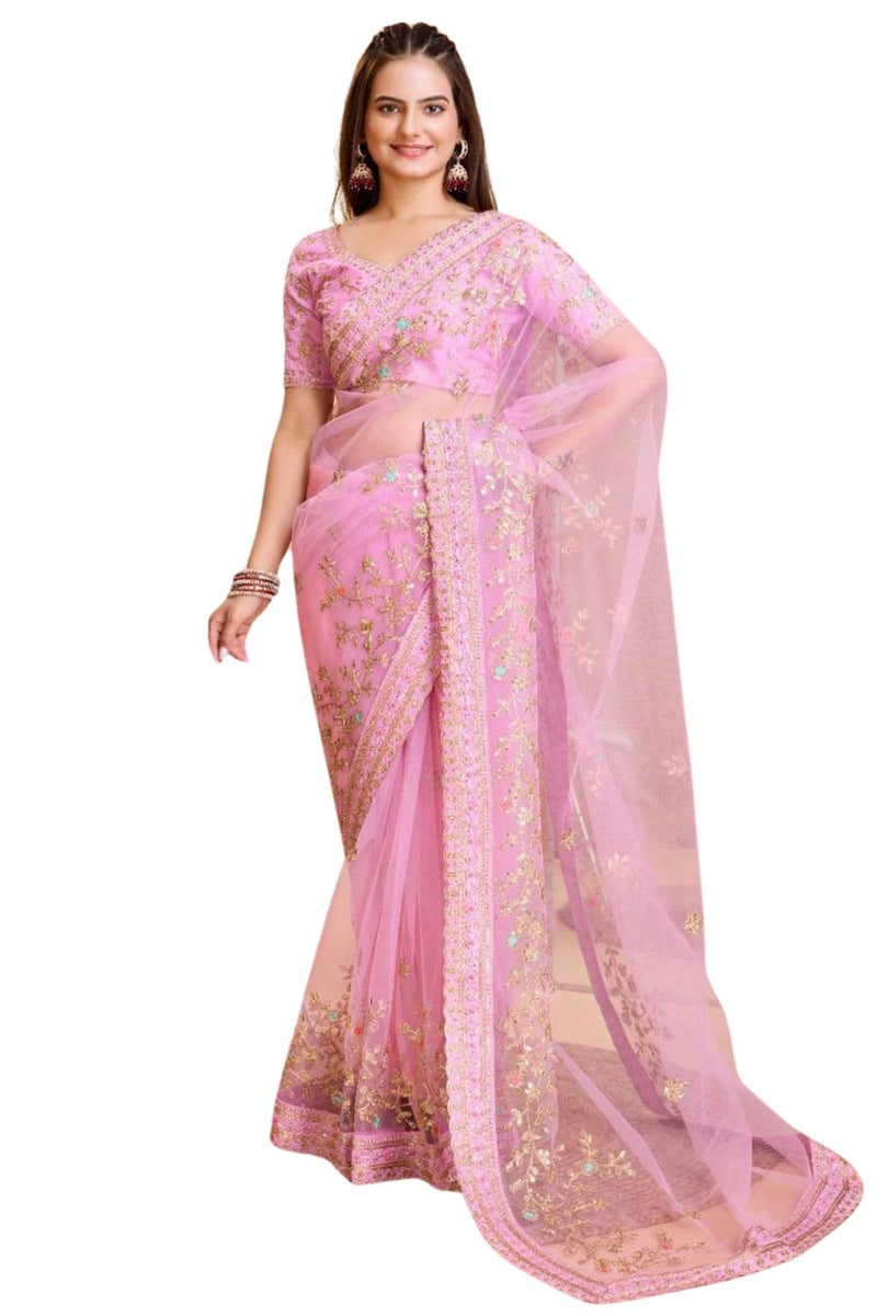 SGF11 Women's Soft Net Embroidery Work Saree With Unstitched Blouse Piece (Light Pink) - Image 1