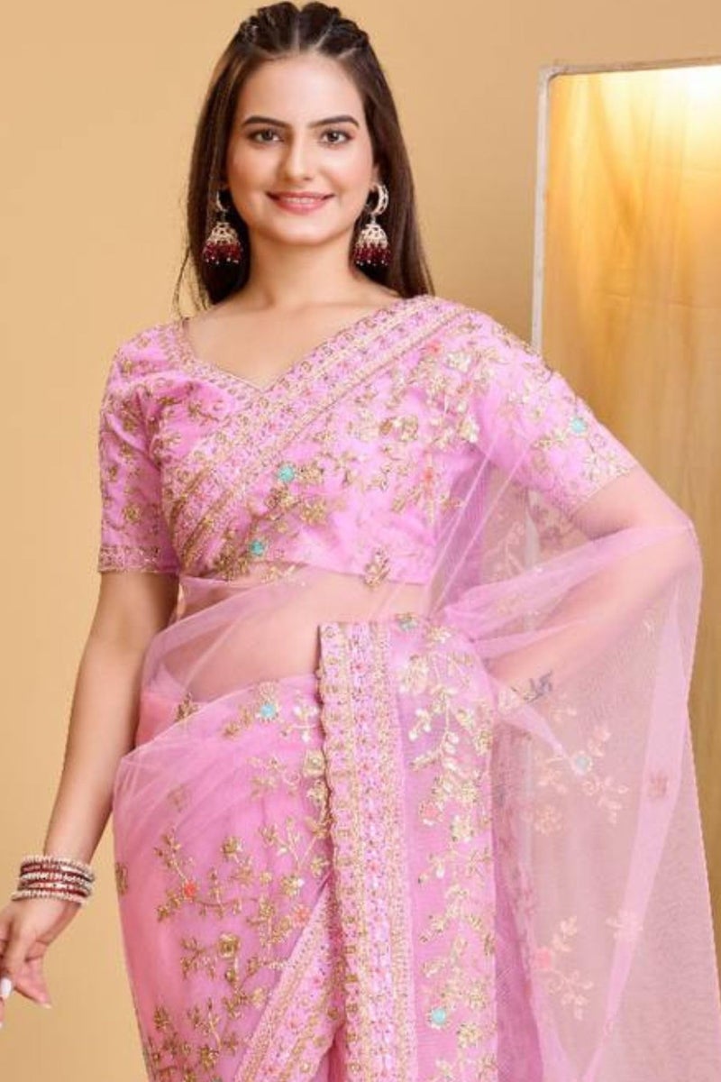 SGF11 Women's Soft Net Embroidery Work Saree With Unstitched Blouse Piece (Light Pink) - Image 5