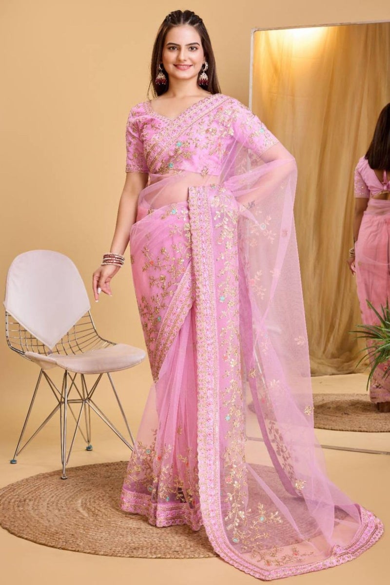 SGF11 Women's Soft Net Embroidery Work Saree With Unstitched Blouse Piece (Light Pink) - Image 2